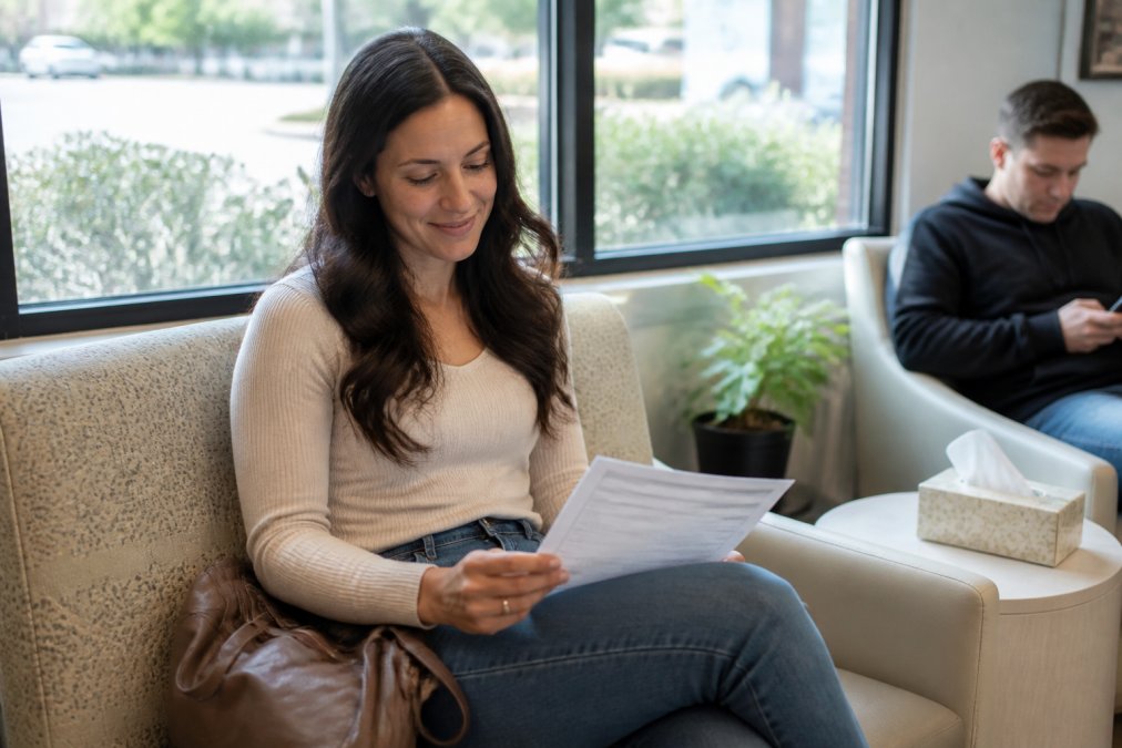 Patient sitting calmly in a dental office to prepare for oral surgery by reviewing paperwork.