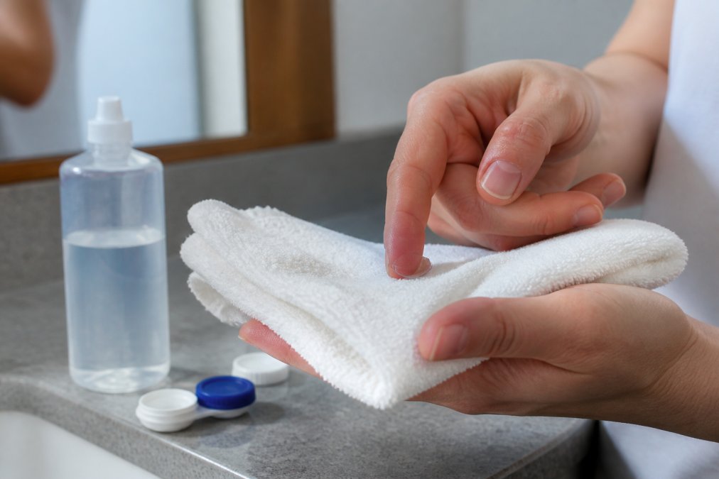 Close-up of hands demonstrating proper ortho-k lens insertion technique using a lint-free towel, with sterile saline solution visible in background during evening preparation