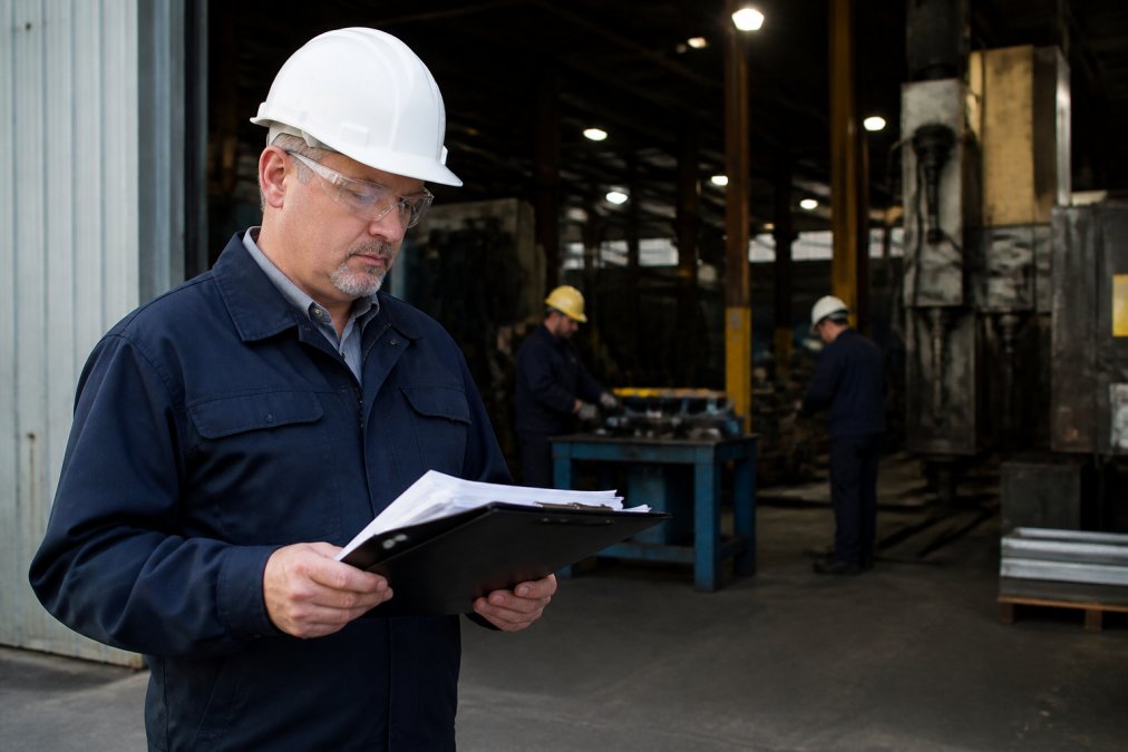 Safety manager reviewing documents at a facility entrance during industrial hygiene inspections