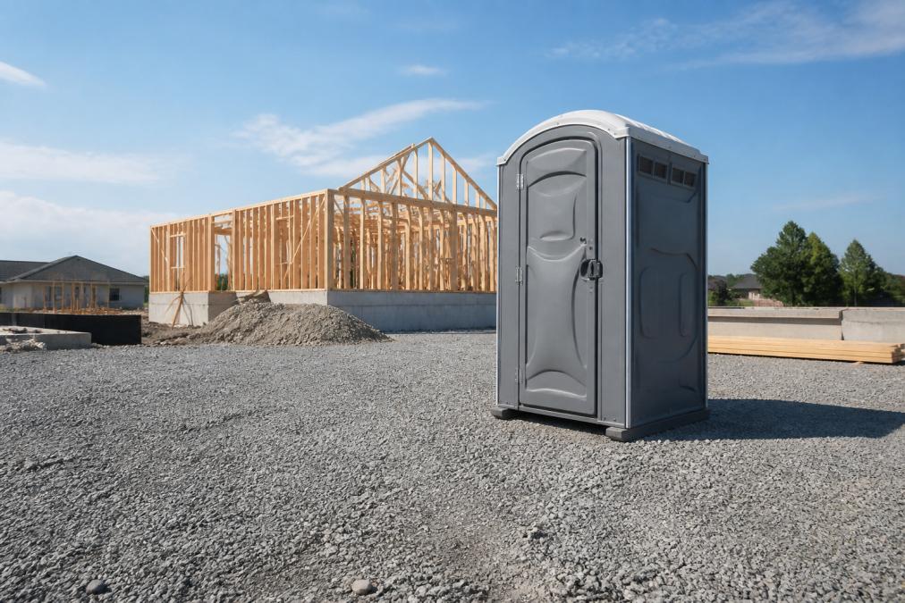A portable toilet unit positioned on a level gravel surface at an active construction site, with clear open space around it and a framed building under construction visible in the background under bright daylight