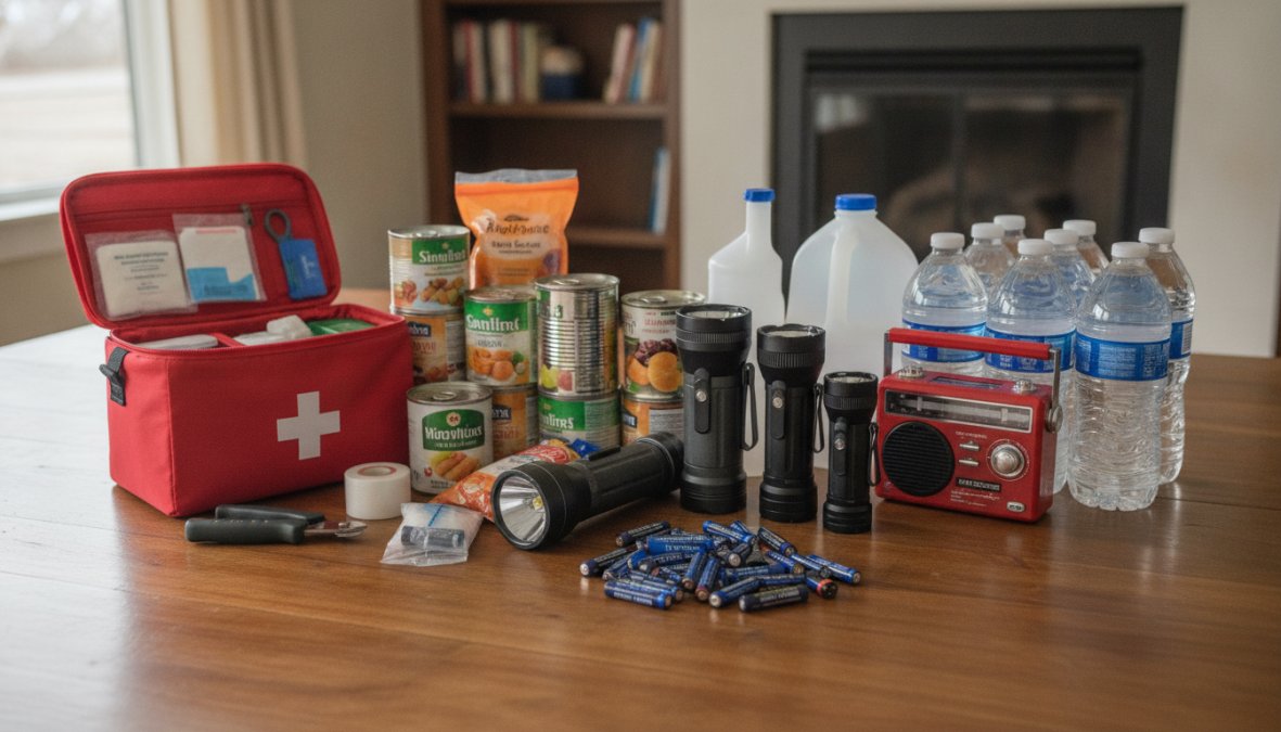 A well-organized emergency supply kit laid out on a table showing flashlights, extra batteries, manual can opener, first aid supplies, water bottles, non-perishable food items, battery-powered radio, and other essentials arranged neatly