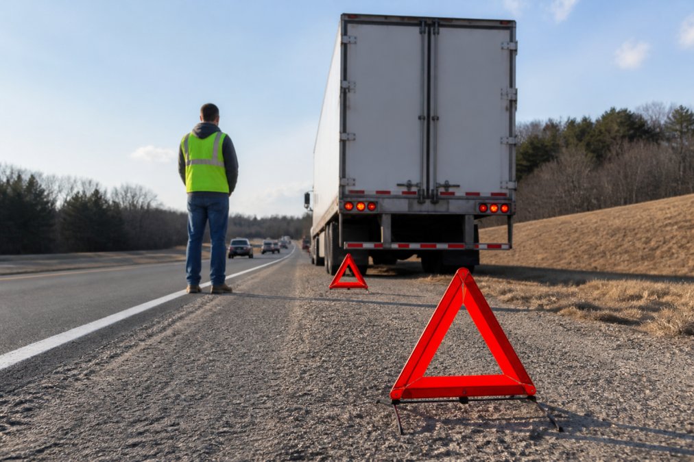 A semi-truck parked on the shoulder of a highway with hazard lights on and warning triangles placed behind it, driver in a safety vest standing away from traffic