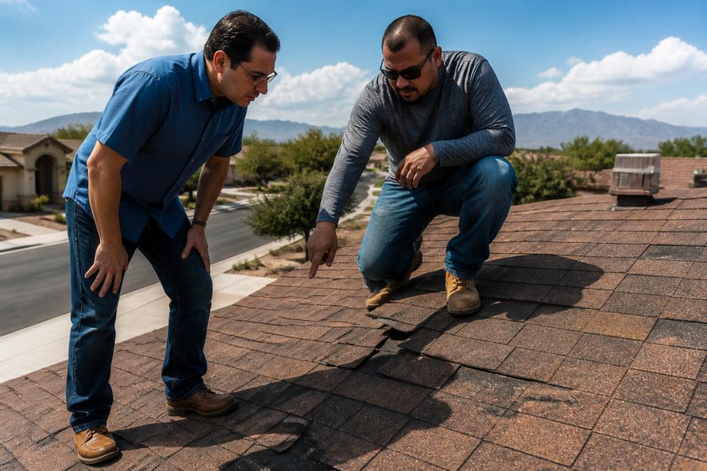 A homeowner in El Paso and a roofing contractor in work boots standing on a single-story residential roof, the contractor pointing at a cluster of damaged shingles while the homeowner looks closely