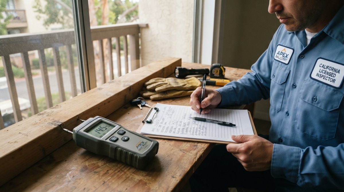Licensed building inspector performing visual inspection of residential balcony, using moisture meter and taking detailed notes on clipboard, natural daylight