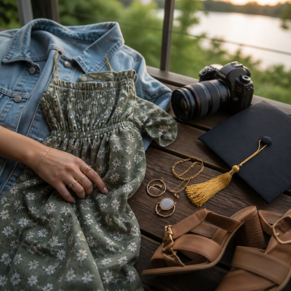 High school senior wearing a stylish, coordinated outfit with thoughtful accessories standing in natural outdoor light with clean background