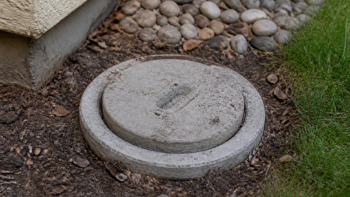 Close-up of a residential sewer cleanout access point with concrete cover and visible markings in a backyard, showing the cap and surrounding ground
