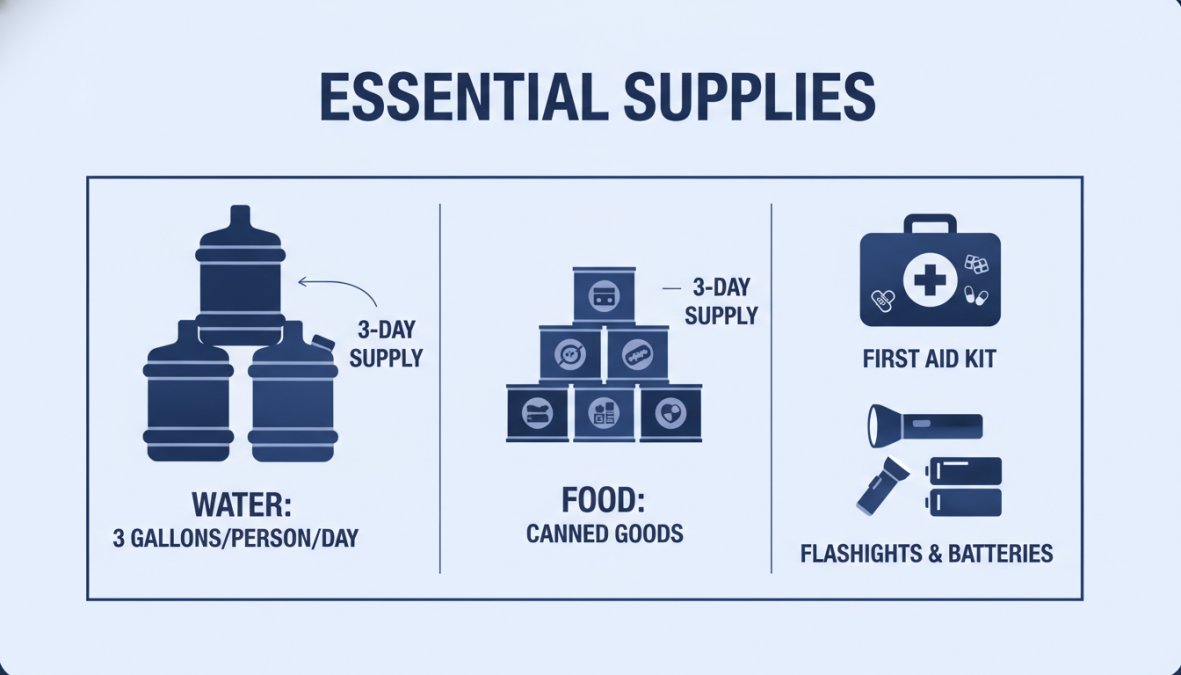 Family organizing emergency supplies including water containers, canned food, first aid kit, flashlights, batteries, and blankets arranged on a table at home