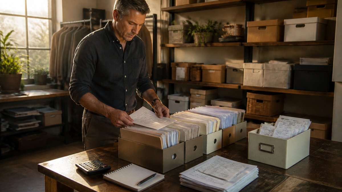 Business owner at wooden desk organizing receipts and invoices into labeled folders with a calculator, notebook, and filing system visible under warm office lighting
