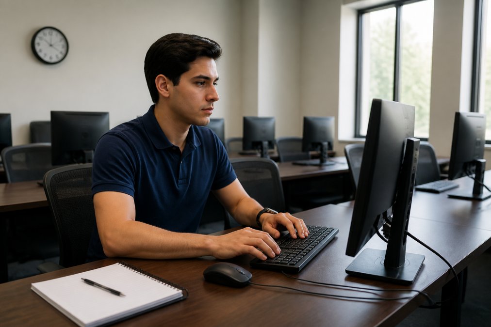A focused student at a computer workstation in a quiet testing center, with a clock on the wall and a notepad beside the keyboard