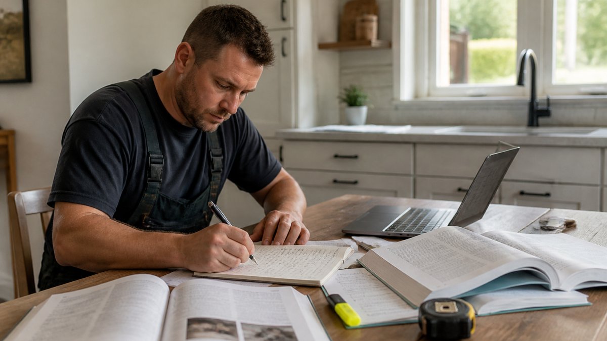 A tradesperson in work clothes studying at a kitchen table with textbooks, handwritten notes, and a laptop showing a study calendar, natural light from a window