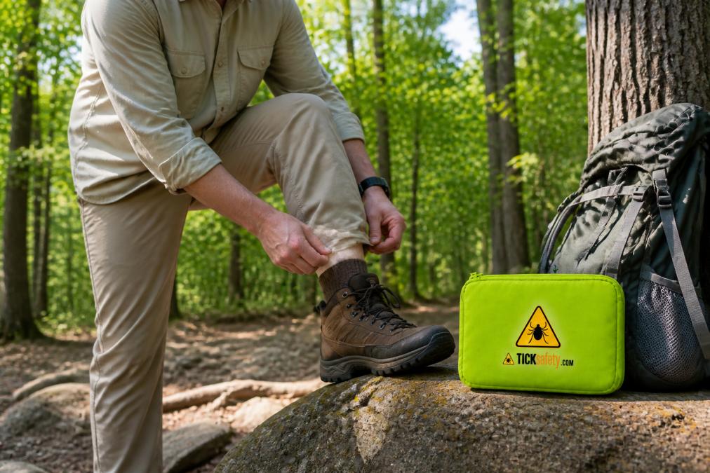 Person wearing light-colored long pants tucked into hiking boots and long sleeves, standing in wooded area preparing for outdoor activity with natural daylight filtering through trees