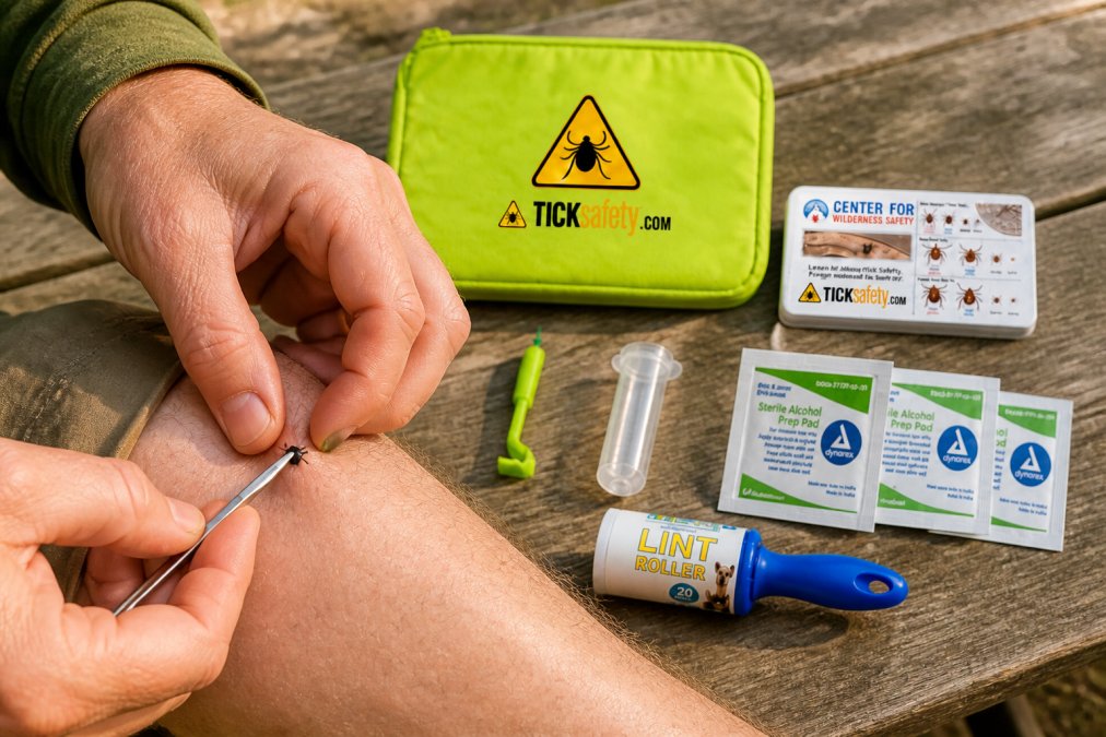 Close-up of hands using fine-tipped tweezers to carefully remove tick from skin, with tick removal kit and identification card visible on surface nearby, natural lighting
