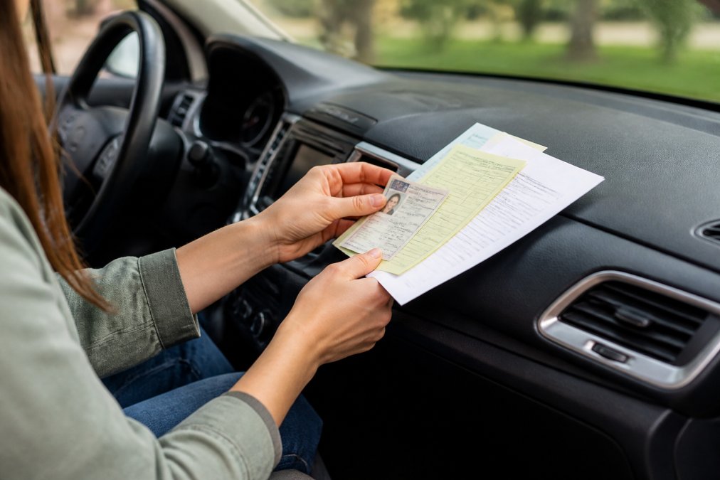 Close-up of a young adult's hands organizing documents on a car dashboard, including a learner permit, vehicle registration, and proof of insurance, with a car interior visible in the background