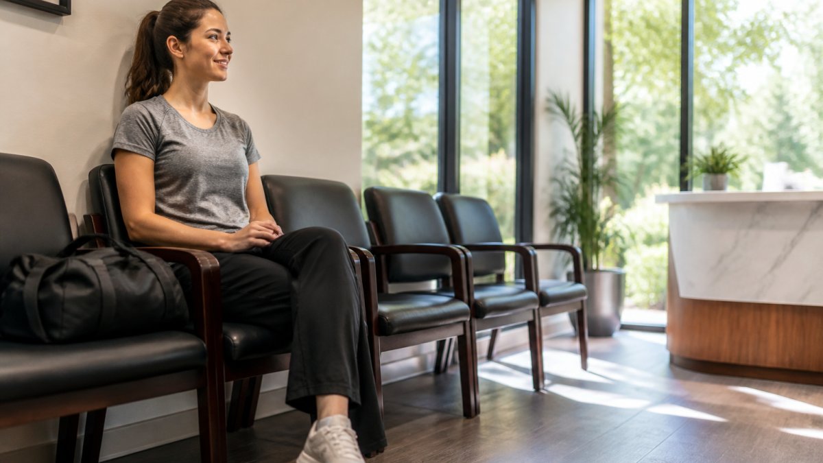 A person in a t-shirt and loose athletic pants sitting relaxed in a bright chiropractic office waiting area, morning light through the windows