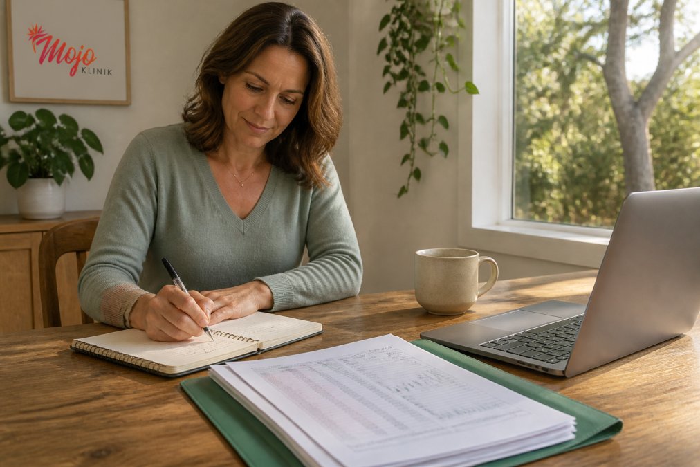 Woman in her forties reviewing lab results for a functional medicine consultation while taking notes at home.