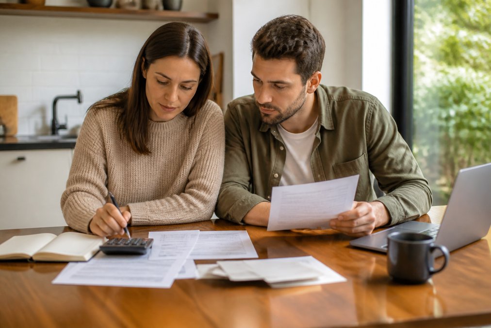First-home buyer sitting at a desk with paperwork, calculator and laptop, reviewing financial documents with a focused expression in natural light