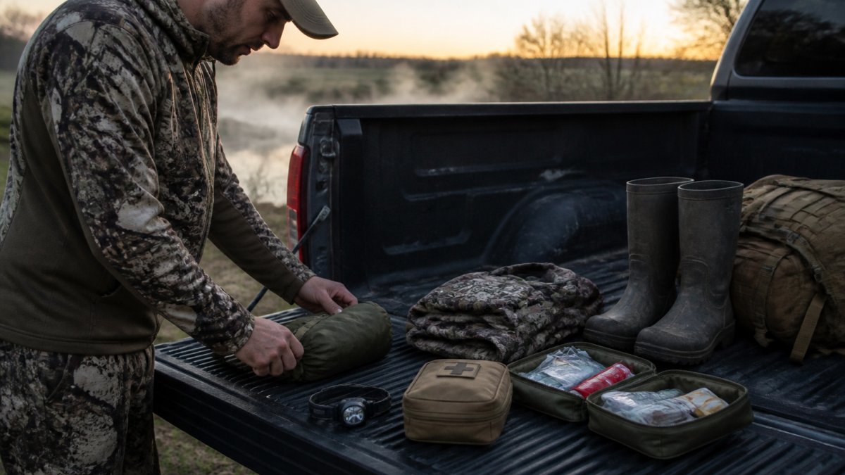 A hunter laying out essential gear on a truck tailgate at dawn, including a headlamp, survival kit pouch, waterproof boots, camo layers, and a first aid kit, with mist rising in the background