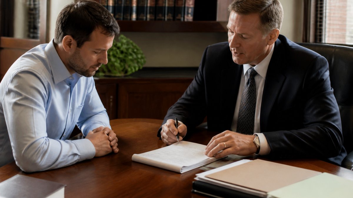 Defense attorney and client reviewing legal paperwork before an OWI court date in a professional office.