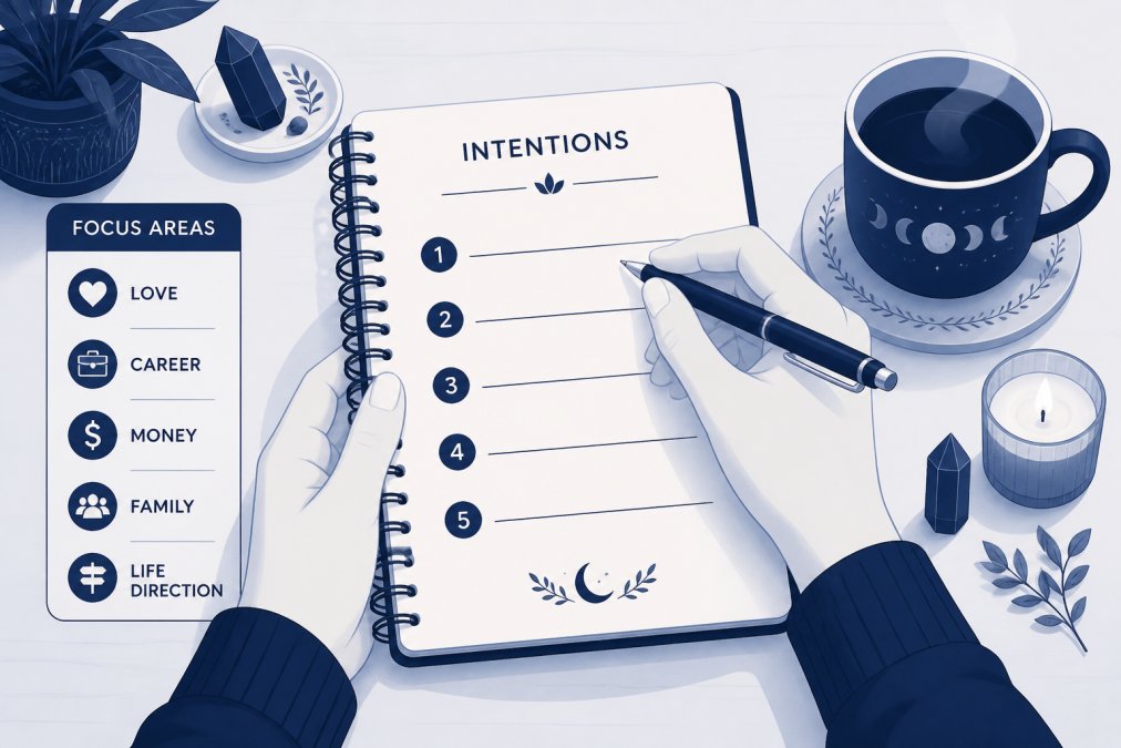 How to Prepare for Your First Psychic Reading 1 Close-up of hands holding a journal or notepad with a pen, writing intentions or questions, warm cup of tea nearby on a wooden table