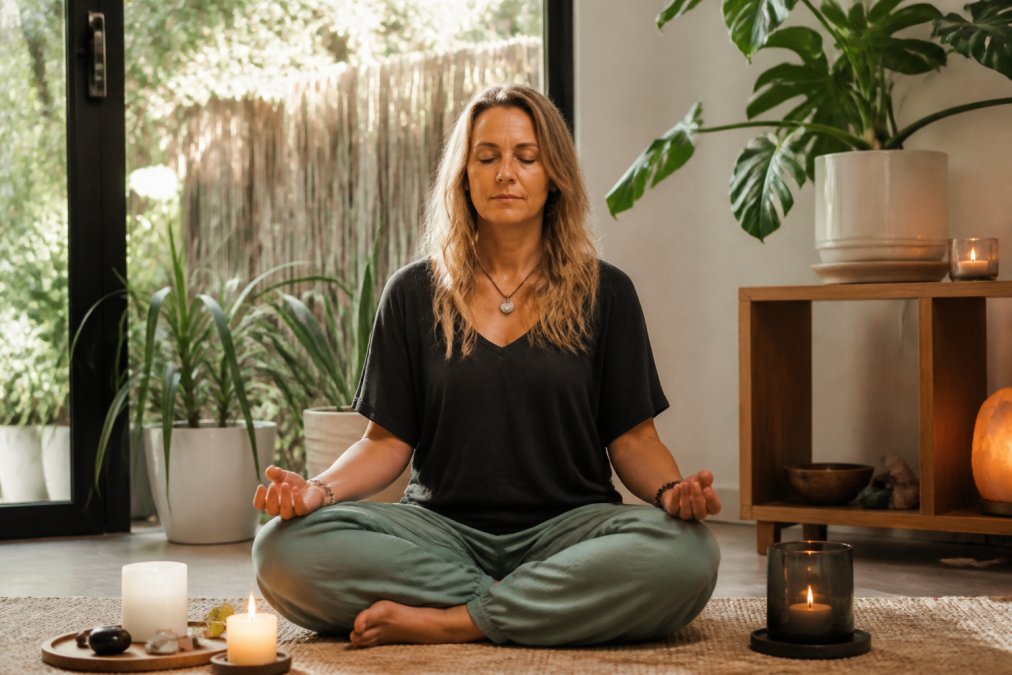 How to Prepare for Your First Psychic Reading 2 Woman sitting peacefully in a calm, naturally lit space with soft morning light, hands resting on her lap in a meditative pose, surrounded by candles or plants, eyes gently closed
