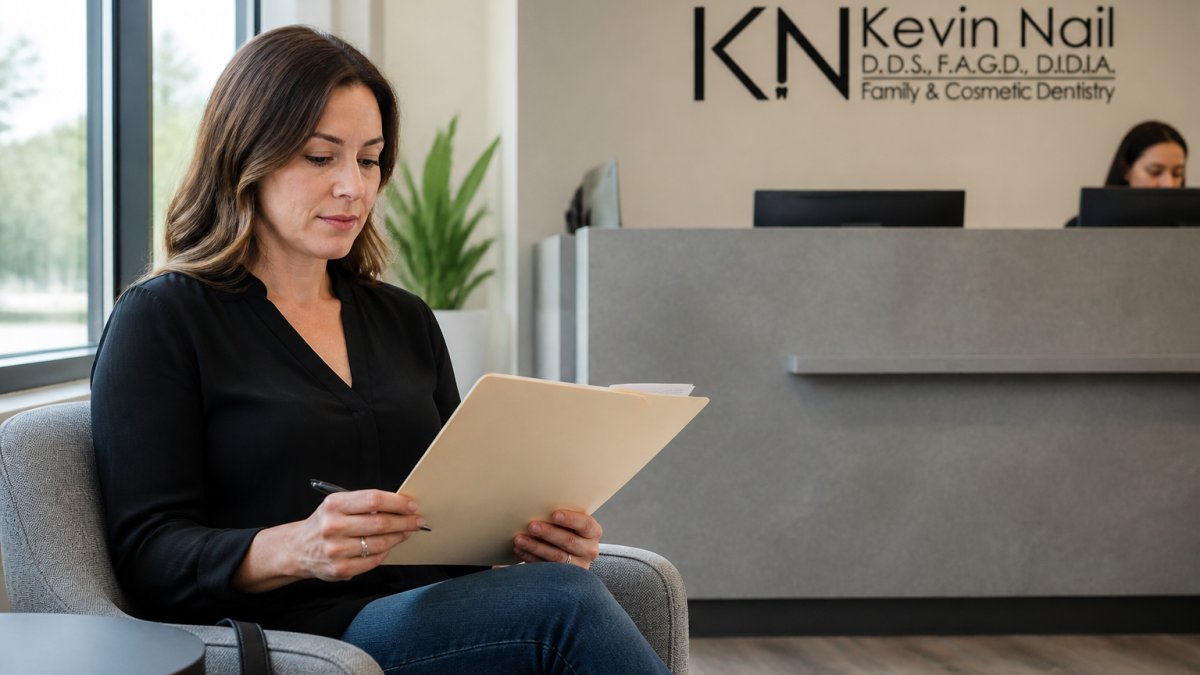 A patient sitting in a bright dental office waiting area, holding a folder of notes and a pen, calm and prepared expression, natural window light