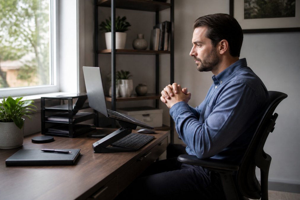 Man sitting at desk with natural window lighting from the left, laptop positioned at eye level on a stand, organized workspace with minimal clutter, professional home office setup