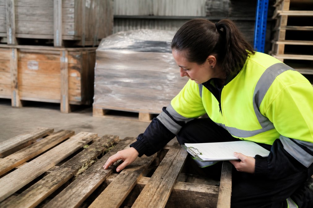A warehouse worker in high-visibility gear inspecting a wooden pallet for soil and plant debris under bright industrial lighting, with a clipboard in hand showing a checklist