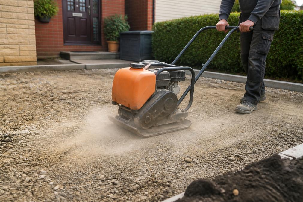 A compactor plate machine actively working on a prepared sub-base surface, showing the flattened MOT Type 1 material being compressed, with dust clouds rising and a worker guiding the equipment
