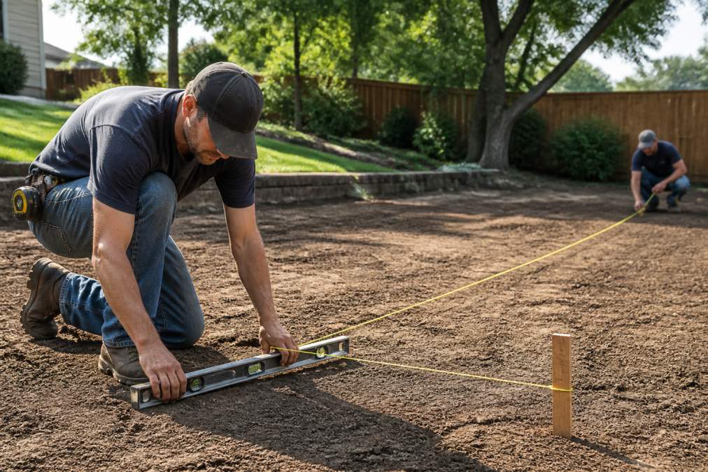 A person using a long string line and a bubble level to check the slope of a cleared dirt area in a backyard, with marking stakes visible in the ground