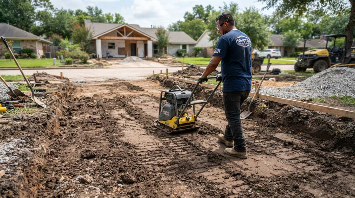 Worker operating a plate compactor on excavated driveway subgrade, showing proper equipment positioning and technique on bare soil with visible compaction marks
