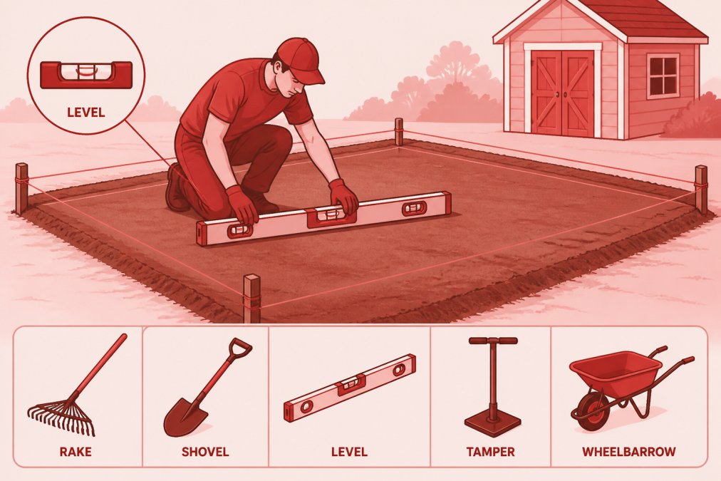 Homeowner using a carpenter's level on freshly cleared ground with leveling tools visible nearby, showing proper technique for checking site preparation in bright daylight