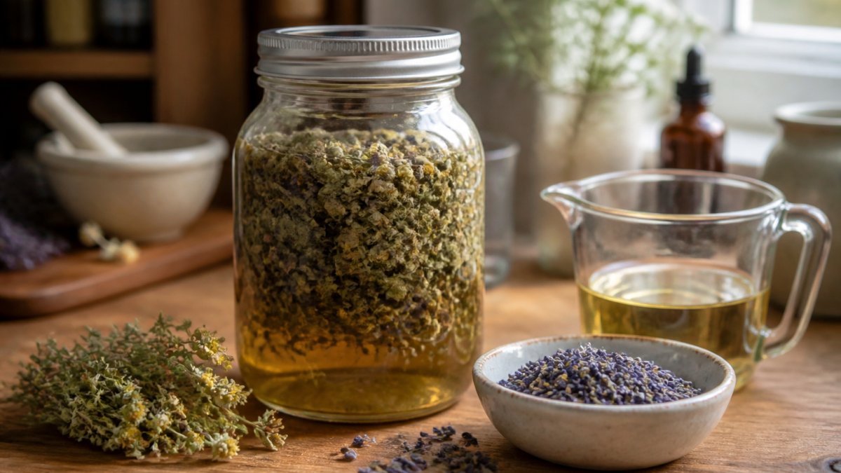 Glass jar filled with vegetable glycerin and dried herbs on a wooden kitchen counter with lavender nearby