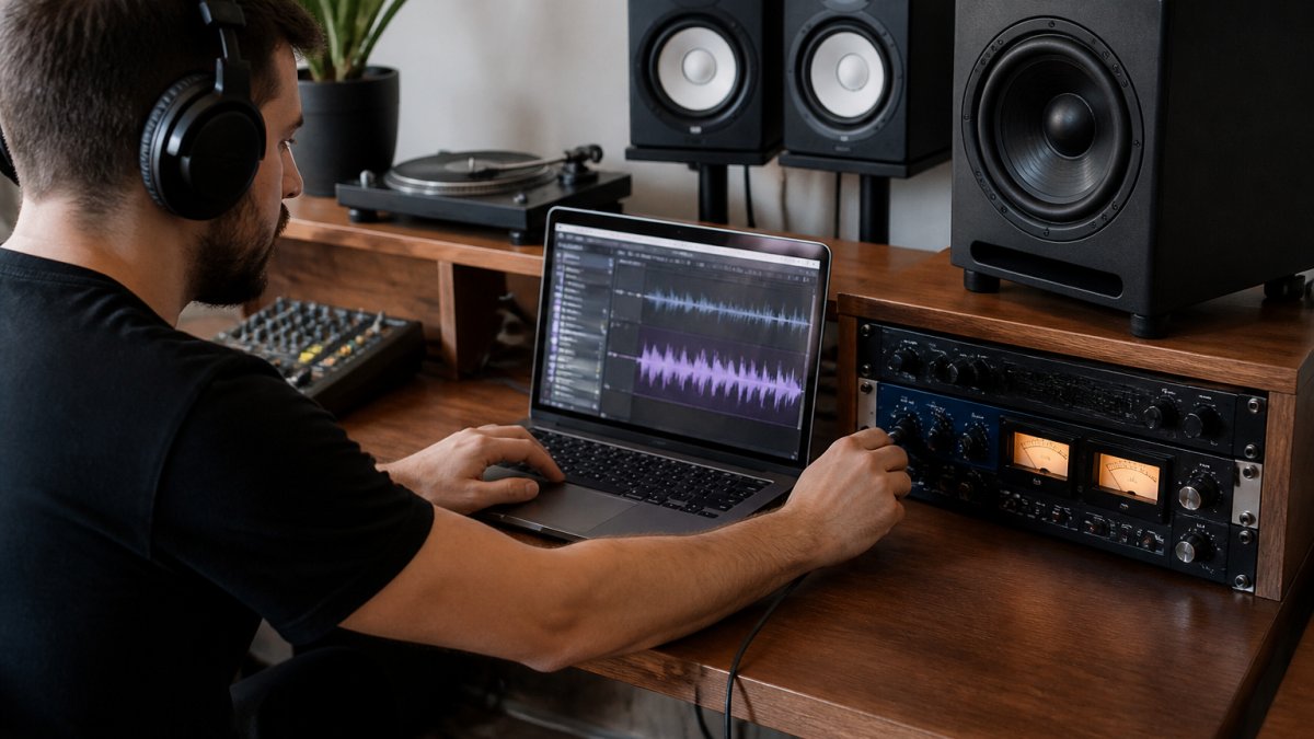 A producer sitting at a home studio desk with studio monitors, headphones, and a laptop showing an audio waveform, adjusting a master limiter while checking low end on a subwoofer