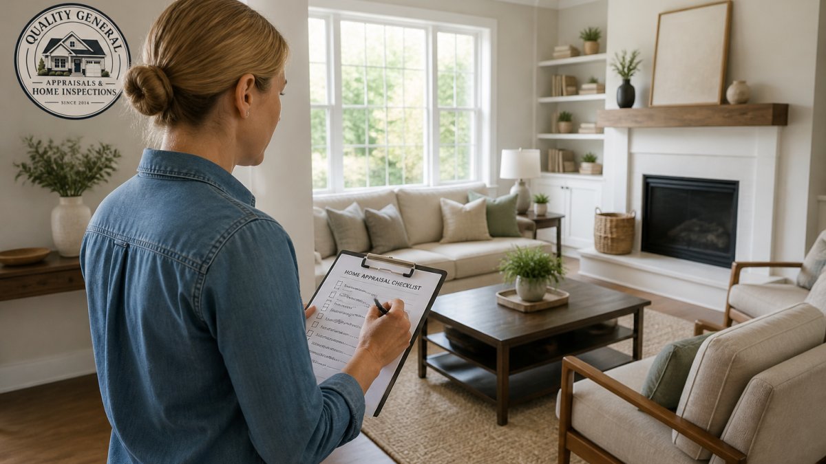 Homeowner walking through a clean, well-lit living room with organized furniture and neutral décor, holding a clipboard and making notes
