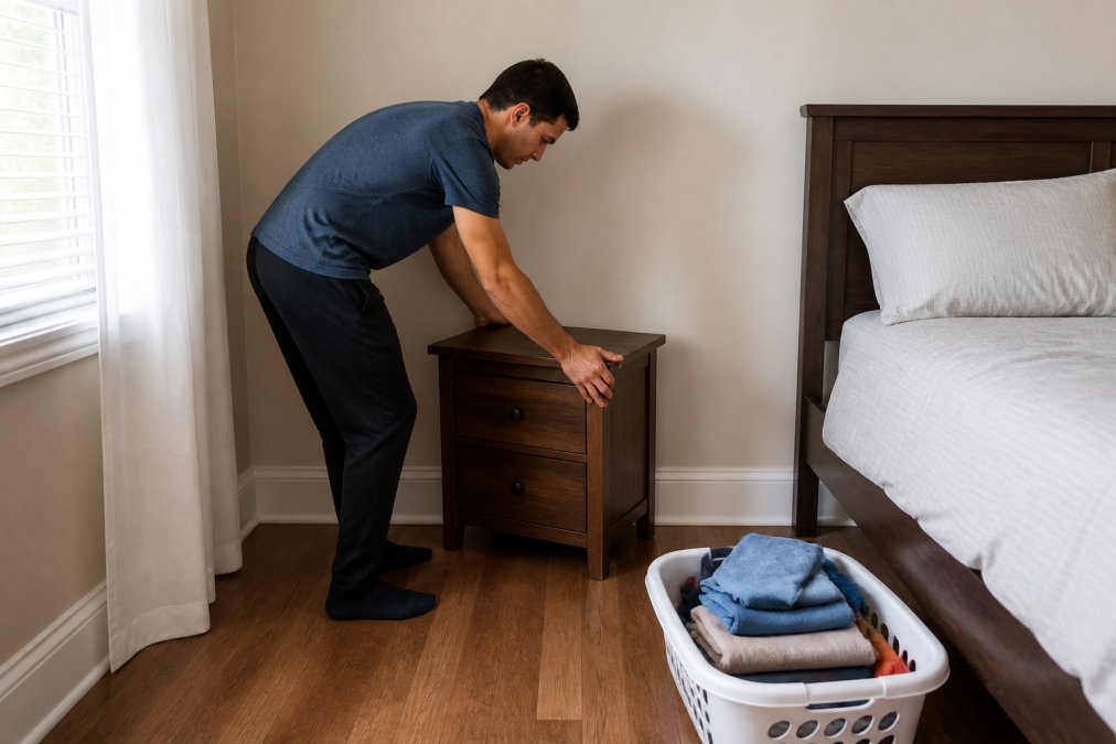 A person in casual clothes moving a small wooden nightstand away from the wall in a bright bedroom, baseboards visible, a laundry basket of folded clothes nearby