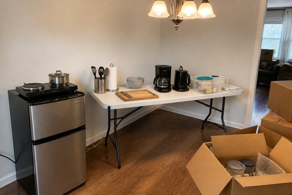 A functional temporary kitchen in a dining room corner showing a portable two-burner electric cooktop, mini-refrigerator, and folding table with cutting board, utensils, and small appliances under warm overhead lighting