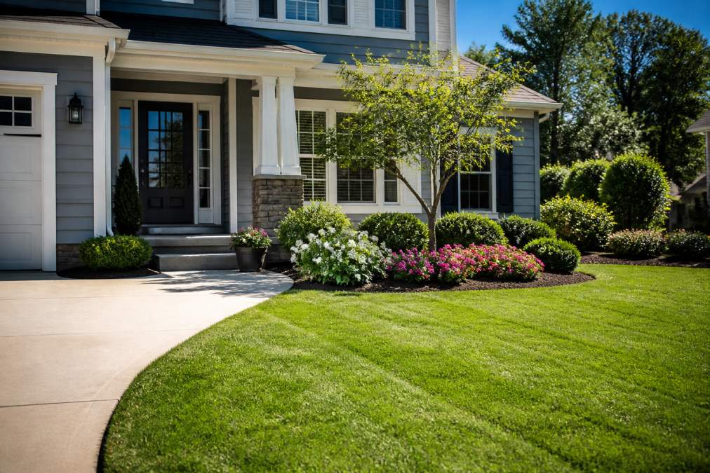 Well-maintained home exterior with freshly manicured landscaping, clean driveway, and welcoming front entrance with potted plants on a bright sunny day