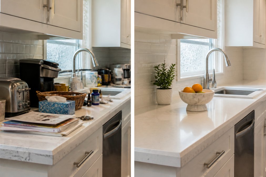 Before-and-after side-by-side of a kitchen countertop: left side cluttered with appliances, mail, and personal items; right side clean and minimal with just a small plant and a marble fruit bowl
