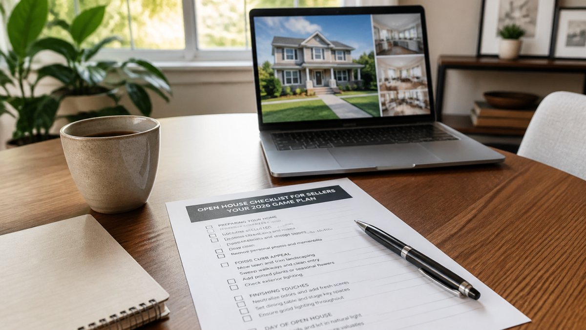 A well-organized home office desk with a printed open house checklist, a pen, and a coffee cup, laptop showing a real estate listing in the background, soft morning window light