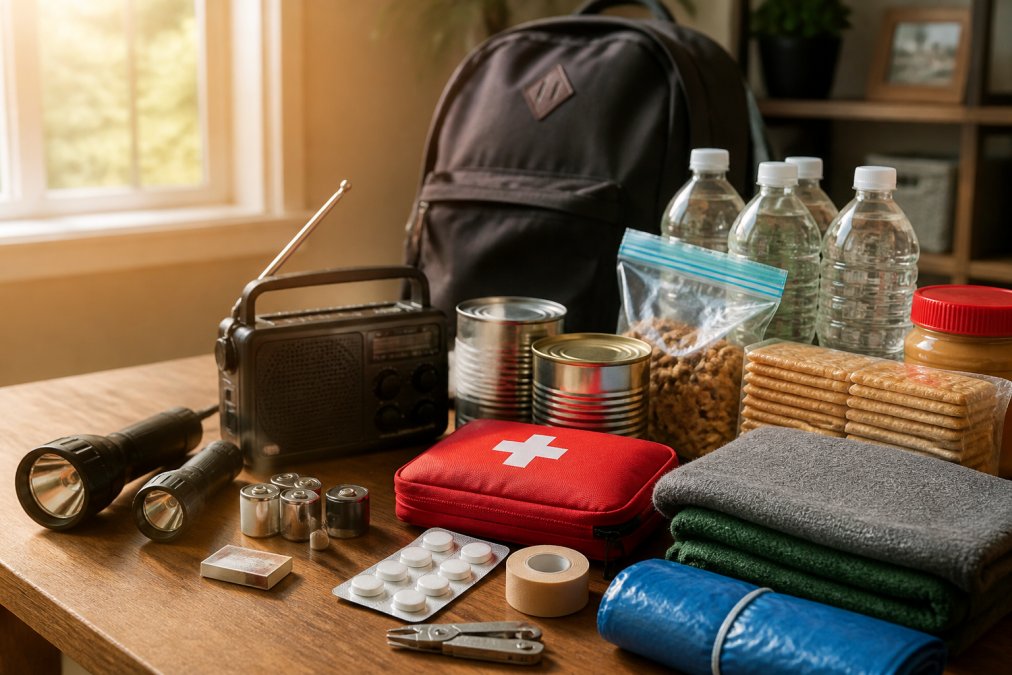 Infographic checklist of essential supplies to prepare home for outages, featuring food, water, and tools.