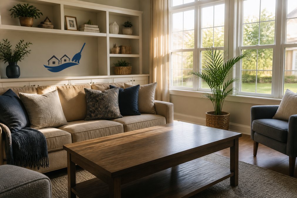 A bright living room with cleared coffee tables and organized shelves, sunlight streaming through windows, showing surfaces ready for professional cleaners