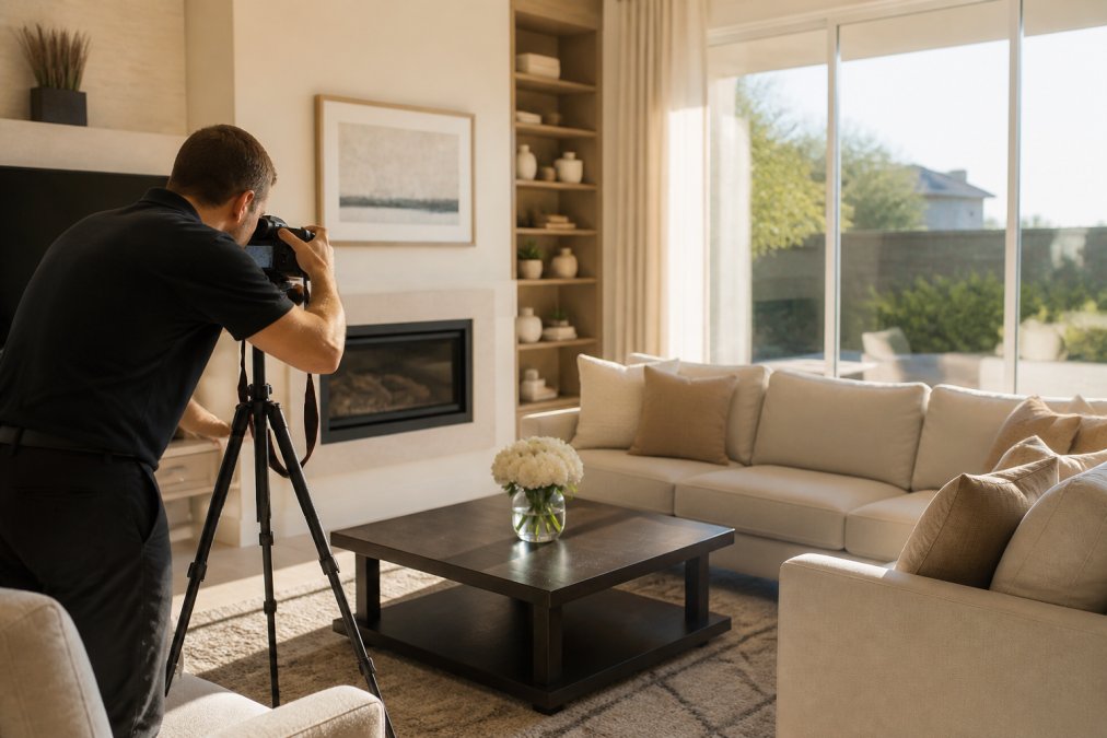 A bright, clutter-free living room staged with neutral decor, a small arrangement of white flowers on a dark wood coffee table, and warm afternoon sunlight streaming through clean floor-to-ceiling windows, styled for a professional real estate shoot