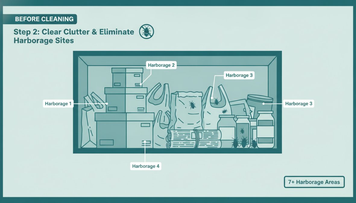 Cluttered kitchen cabinet with boxes, bags, and items stacked closely together showing typical cockroach harborage areas before cleaning