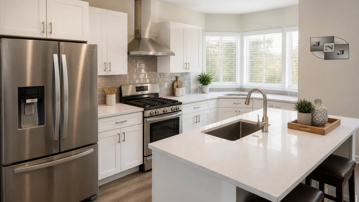 Bright, clean kitchen with neutral décor, open countertops, stainless steel appliances, natural light streaming through windows, showing a professionally staged and sale-ready space