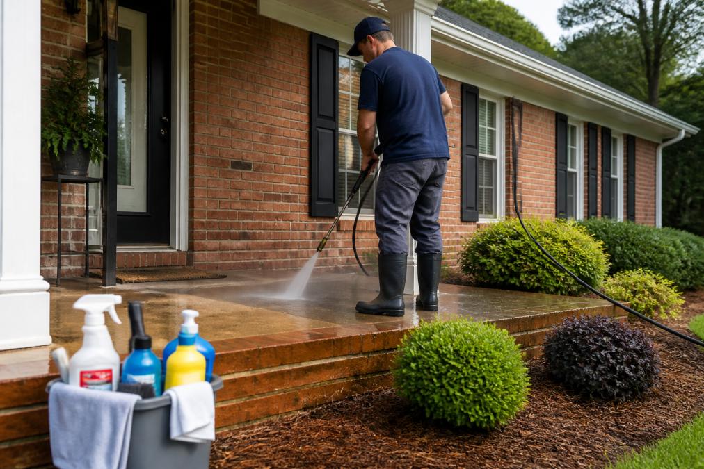 A homeowner in Greer, SC power washing the front porch of a brick ranch-style home, with a bucket of cleaning supplies and a decluttered entryway visible