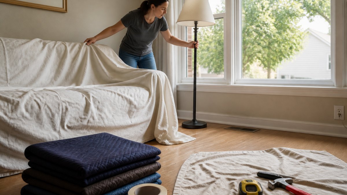 A homeowner carefully draping a white drop cloth over a sofa and moving a floor lamp away from a large window, with a tidy stack of folded blankets nearby and bright natural light coming through the glass.