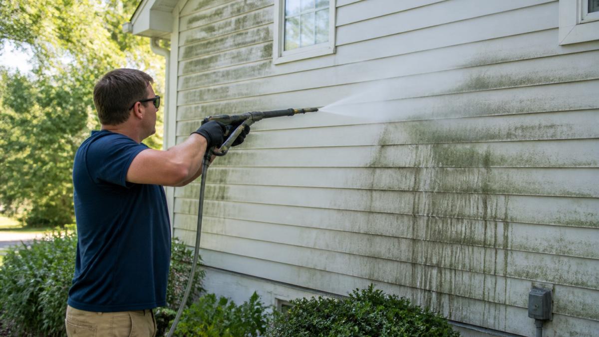 A homeowner using a pressure washer to clean the exterior siding of a house, with visible dirt and mildew running off the surface in bright daylight