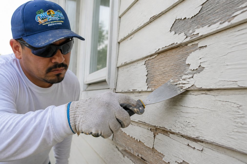 Professional contractor using paint scraper tool to remove peeling paint from exterior wood siding, revealing bare substrate underneath, showing proper scraping technique with focused detail on the blade angle and surface contact