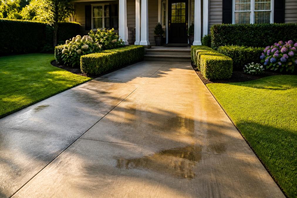 Freshly cleaned concrete driveway with manicured lawn and neatly trimmed hedges flanking the front entrance, morning sunlight illuminating the clean pathways and welcoming garden beds
