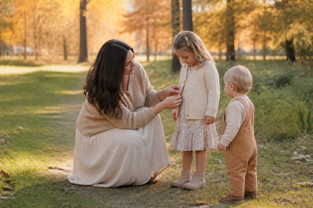Mother adjusting her daughter's cardigan during a golden hour family mini session in a park.